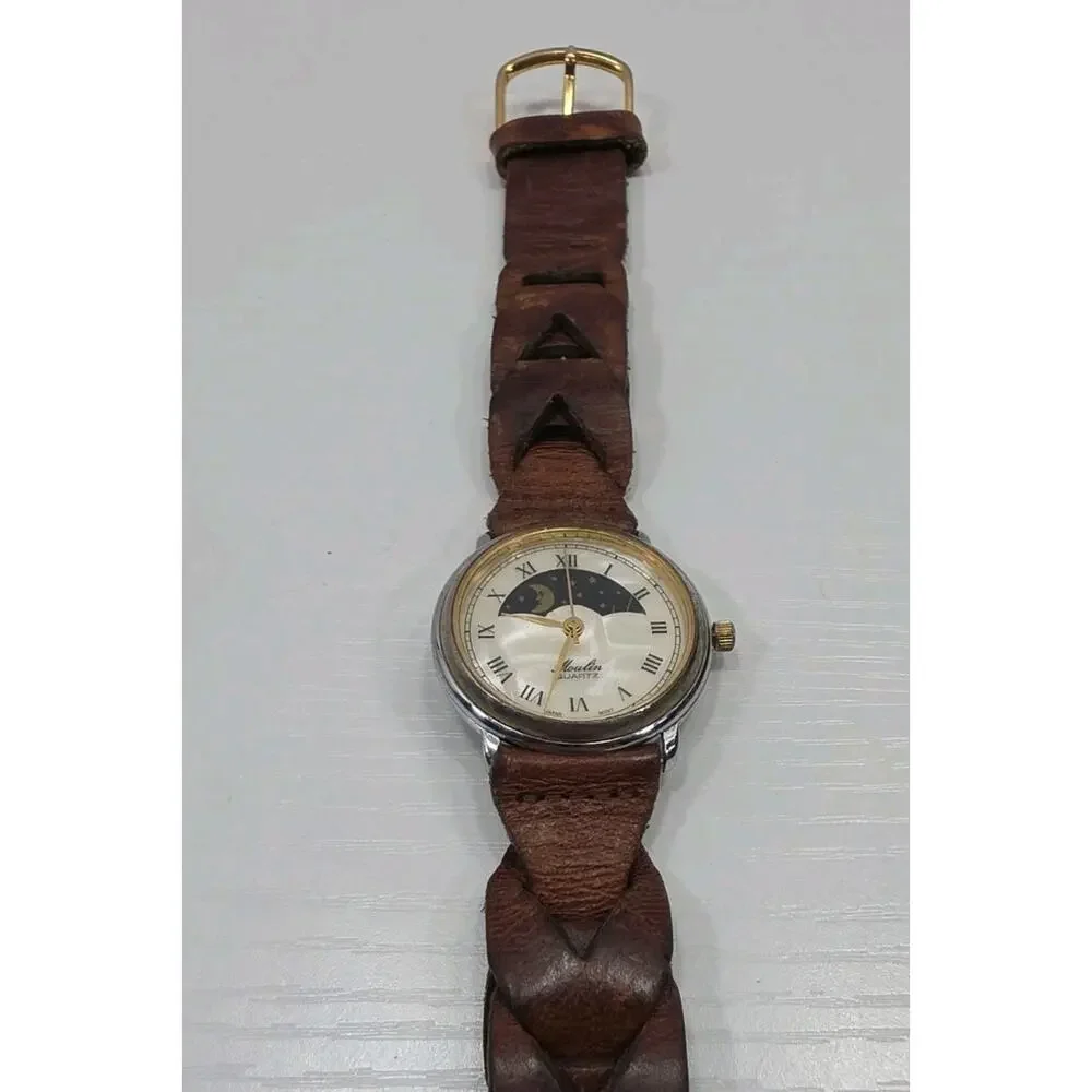 Moulin Quartz Moon Phase Watch Pearl Round Face Brown Band Stars New Battery 280